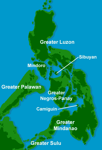 During the most recent Ice Age, when sea level was 120 meters lower than at present, land bridges formed between many islands in the Philippines, although many deep channels remaind. Each of the Ice-Age islands (Sibuyan and Greater Negros-Panay are examples) has a unique setof species of plants and animals. (Redrawn from Heaney 1986,1998) (c) Field Museum of Natural History - CC BY-NC 4.0